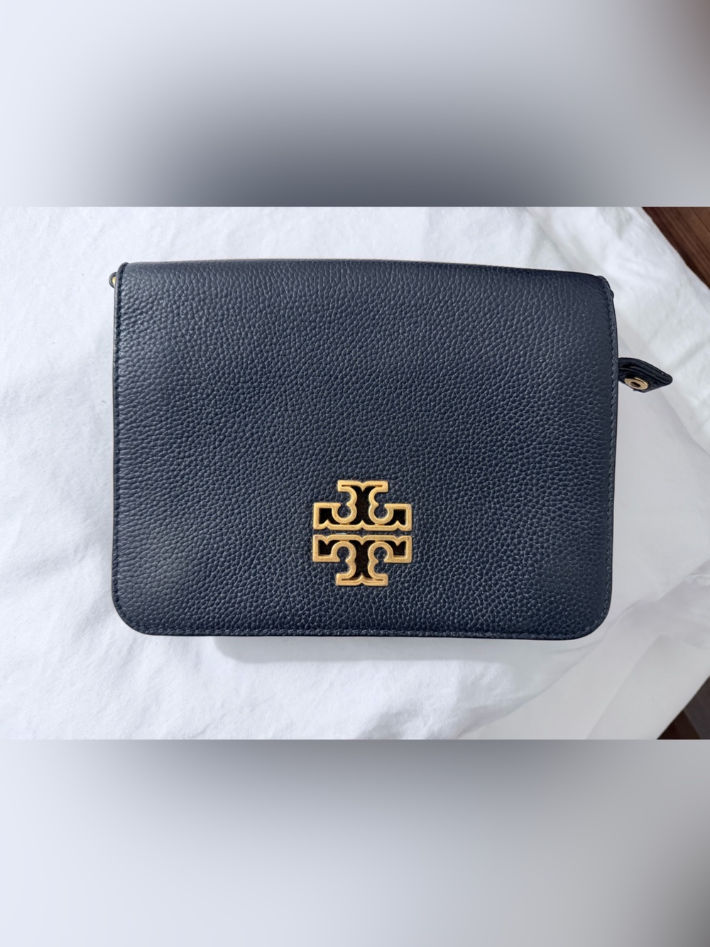 Tory Burch black Pebbled Leather Zip with Gold Logo
